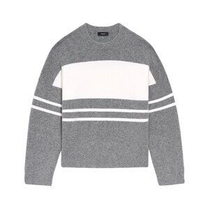 NEW Theory - Size L Women's Color Block Wool-Blend Sweater, Heather Grey/ Ivory